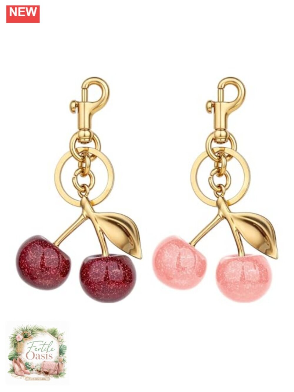 Cherry Bag Charm Set of 2 Keychain for Women Red Fruit Dangle Accessory